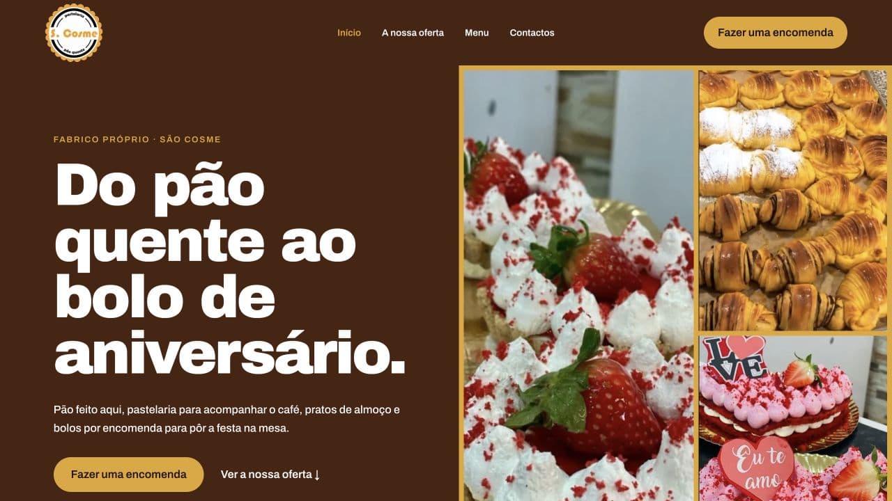 Homepage do Pão Quente São Cosme com oferta e encomenda em destaque