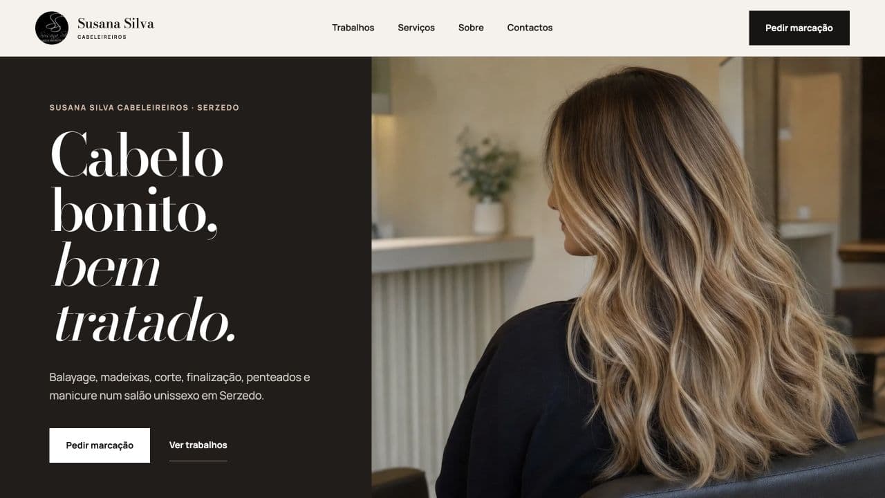 Homepage de Susana Silva Cabeleireiros com trabalho real em destaque