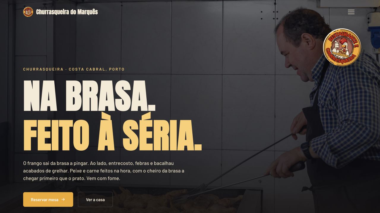 Homepage da Churrasqueira do Marquês com brasa e reserva em destaque
